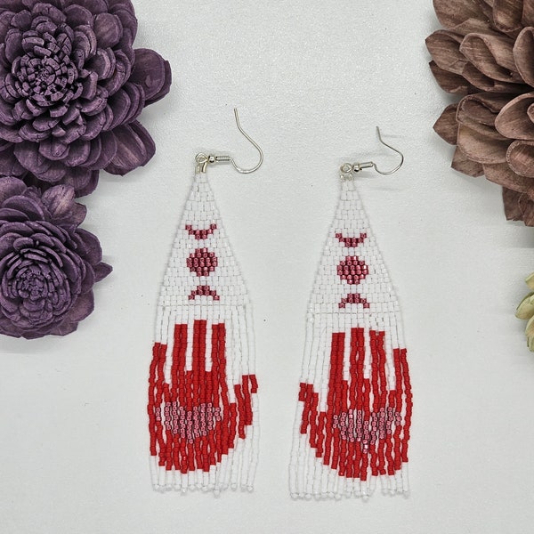 Beaded red hand fringed earrings. MMIW earrings.Indigenous  tassel earrings. First nations earrings. Boho,hippie great gift
