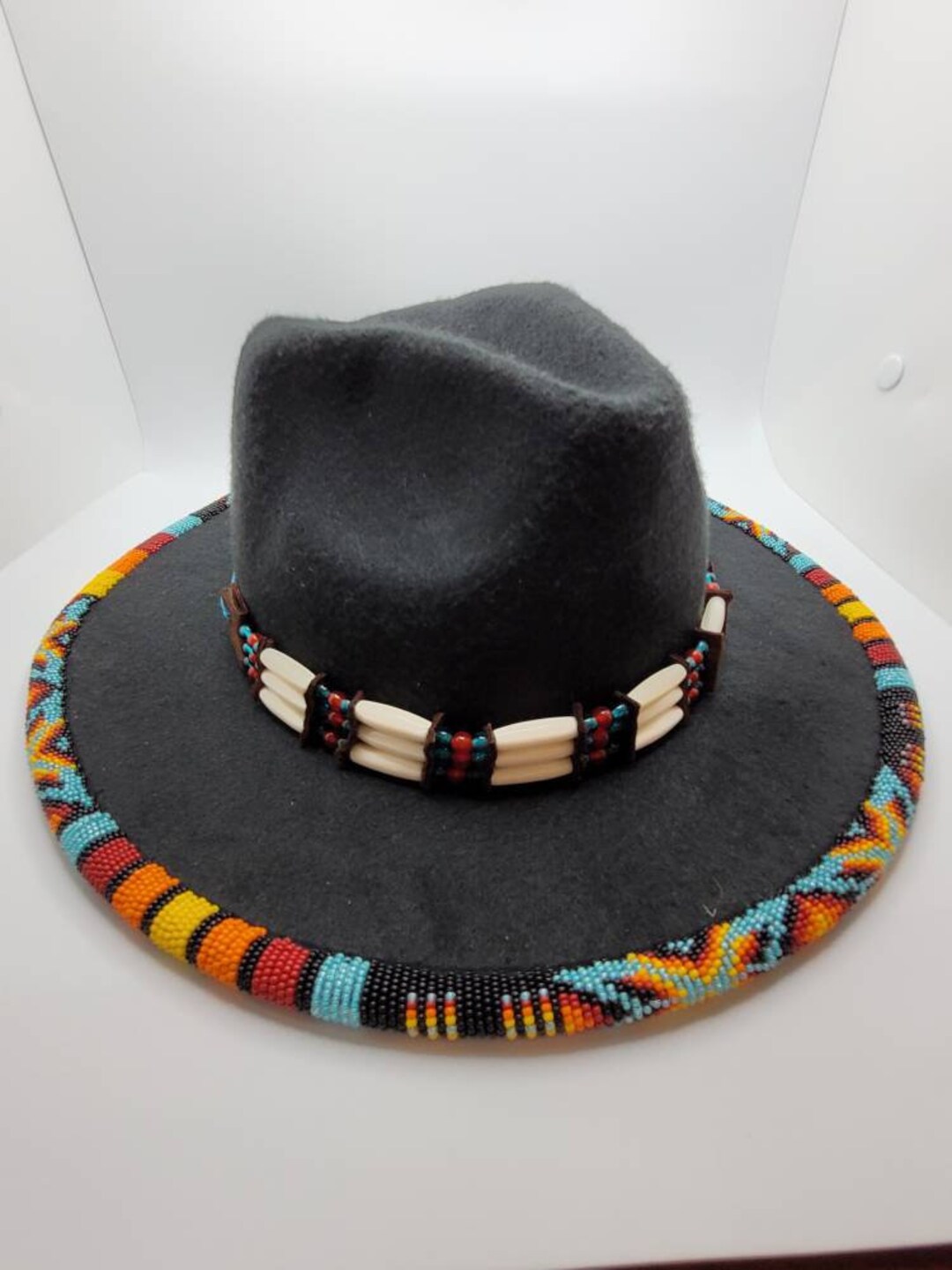 Beaded Indigenous Black Fedora. Bone Bead Choker Hat Band Can Etsy