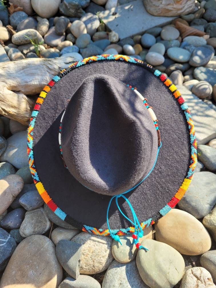 Beaded Indigenous Black Fedora. Bone Bead Choker Hat Band Can Etsy