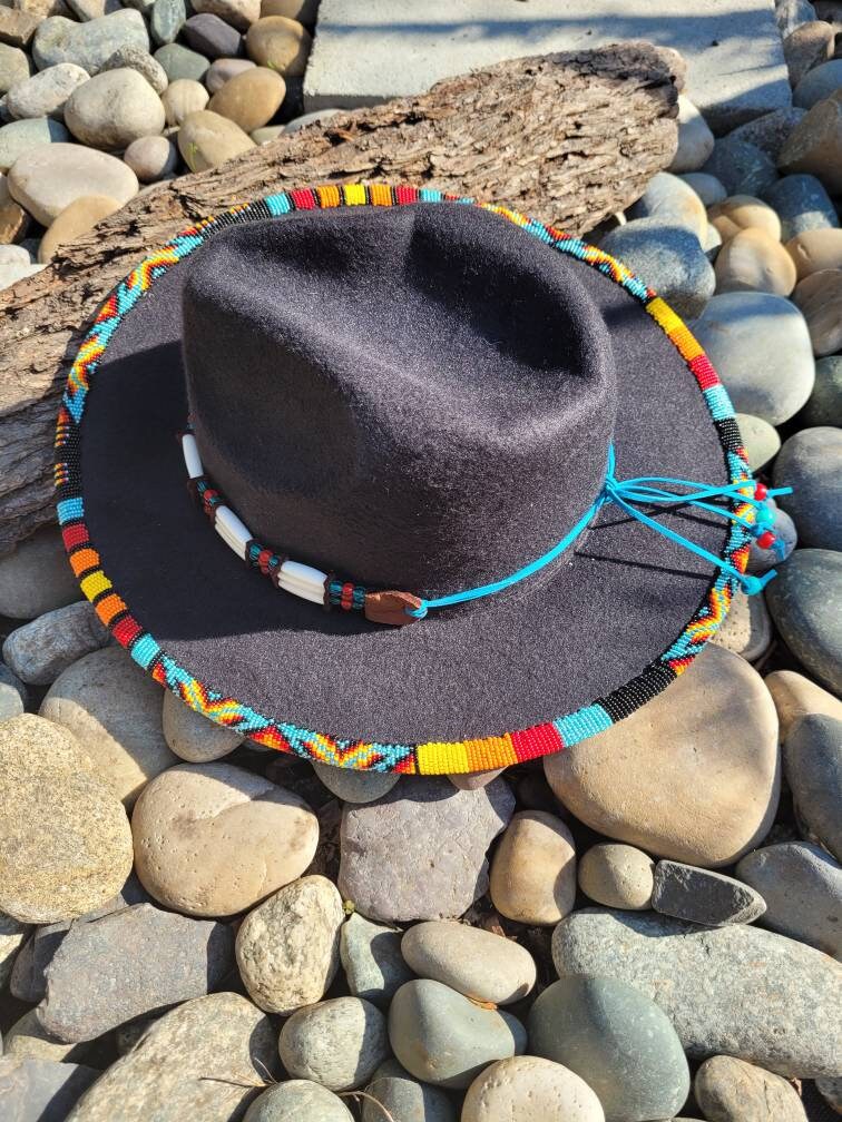 Beaded Indigenous Black Fedora. Bone Bead Choker Hat Band Can Etsy