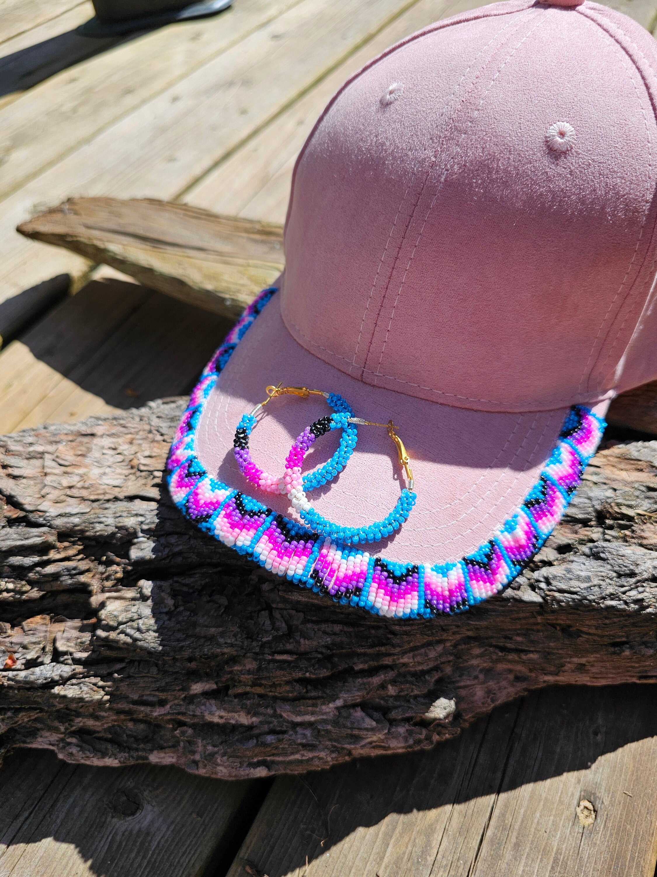 Beaded Indigenous Baseball Cap and Hoop Earring Set.beaded  display picture 2