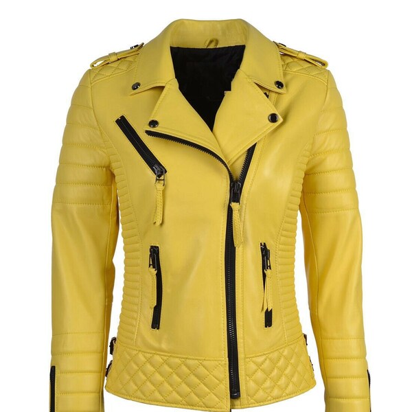 Blouson en cuir pour femme, Bomber motard pour homme, Blouson en cuir d'agneau jaune pour motard, Nouveaux styles