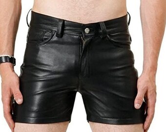 Leather Short Pant For Men's, Handmade Leather Real Jeans Style, Trousers Breeches Long Cargo for Him, Lambskin Designer Black 8