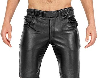 Leder Kurze Hose Für Herren, Handgefertigte Leder Echt Jeans Style, Hose Breeches Lange Fracht für Ihn, Lammfell Designer Leder Schwarz