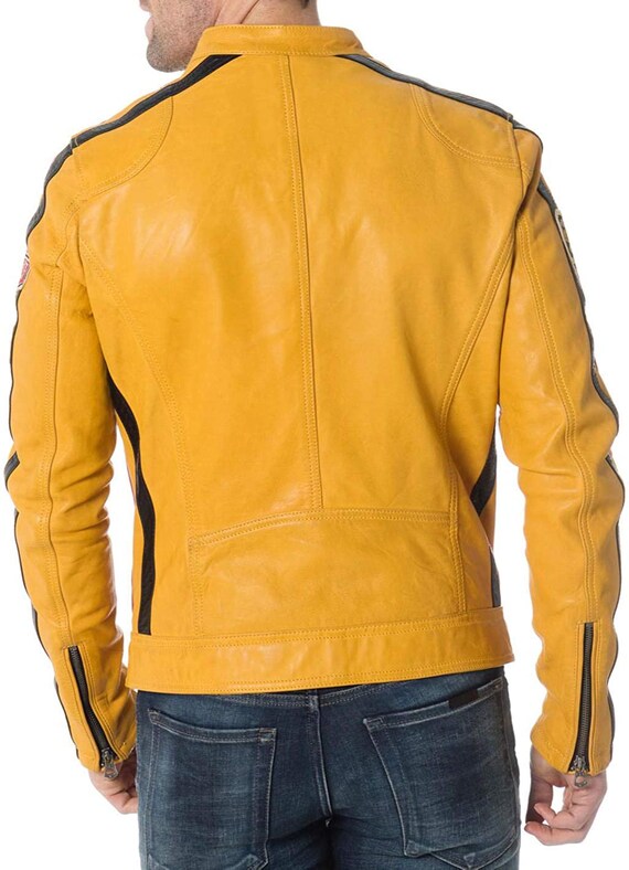 Mens yellow leather motorcycle jacket cheap