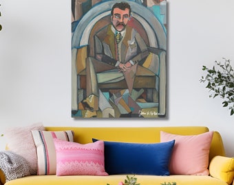 Impression d'art sur toile homme cubiste - le président - art mural gangster vintage des années 40, déco homme des cavernes - toile prête à accrocher
