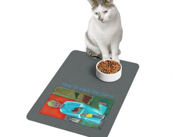 Cat Pet Food Mat - Cat Lover Gift - Time to Feed the Cats - Cute Pet Feeding Decor - Cat Feeding Mat 12 x 18 inches  -Dark Grey