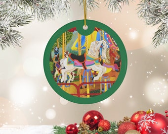 The First Ride - Original Artwork - Carousel Horse Art Christmas Ornament - Green, Round, Diameter 2.76 inches