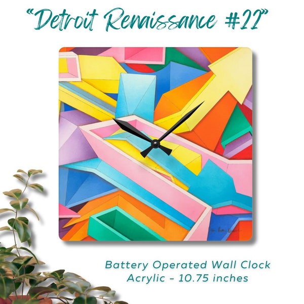 Geometric Op Art Clock - Rainbow Pastel Abstract Clock Art - Home Decor Wall Art - Square Acrylic Battery Operated