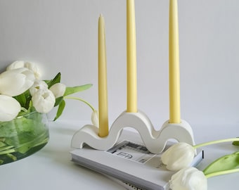 Wavy Triple Candlestick Holder Handmade of Concrete, Minimalist Candle Holder for three candlesticks, Long Curvy Nordic Candle, Scandinavian