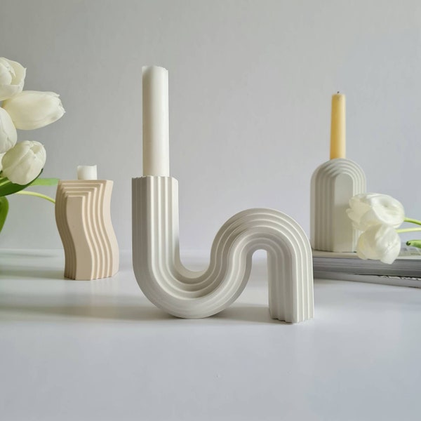 Nordic Geometric Candle Holders, Set of Concrete Candle Holders, Monochrome Candle Holders, Beige and White Scandinavian Holders, Unique