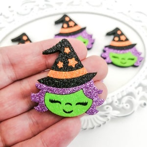 Witch face feltie-Halloween applique-Halloween Hair bow feltie-Bow center-Glitter felt applique-Badge reel feltie-Felt bow embellishment