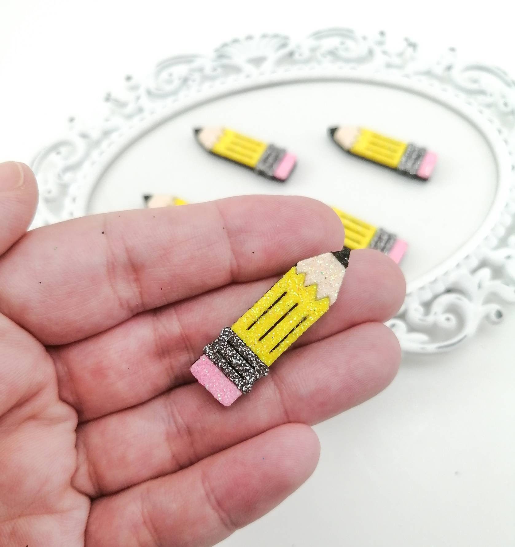 Pencil feltie-Hair bow felties-School hair bow center-Glitter felt applique-Badge reel feltie-Scrapbooking DIY-Paper clip feltie