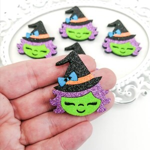 Witch face feltie-Halloween applique-Halloween Hair bow feltie-Bow center-Glitter felt applique-Badge reel feltie-Felt bow embellishment