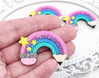 Pencil feltie-Hair bow felties-School hair bow center-Glitter felt applique-Badge reel feltie-Scrapbooking DIY-Paper clip feltie