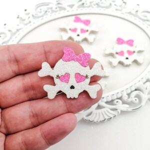 Scull and bones feltie-Halloween  applique-Hair bow feltie-Scull Bow center-Glitter felt applique-Badge reel feltie-Halloween Bow center