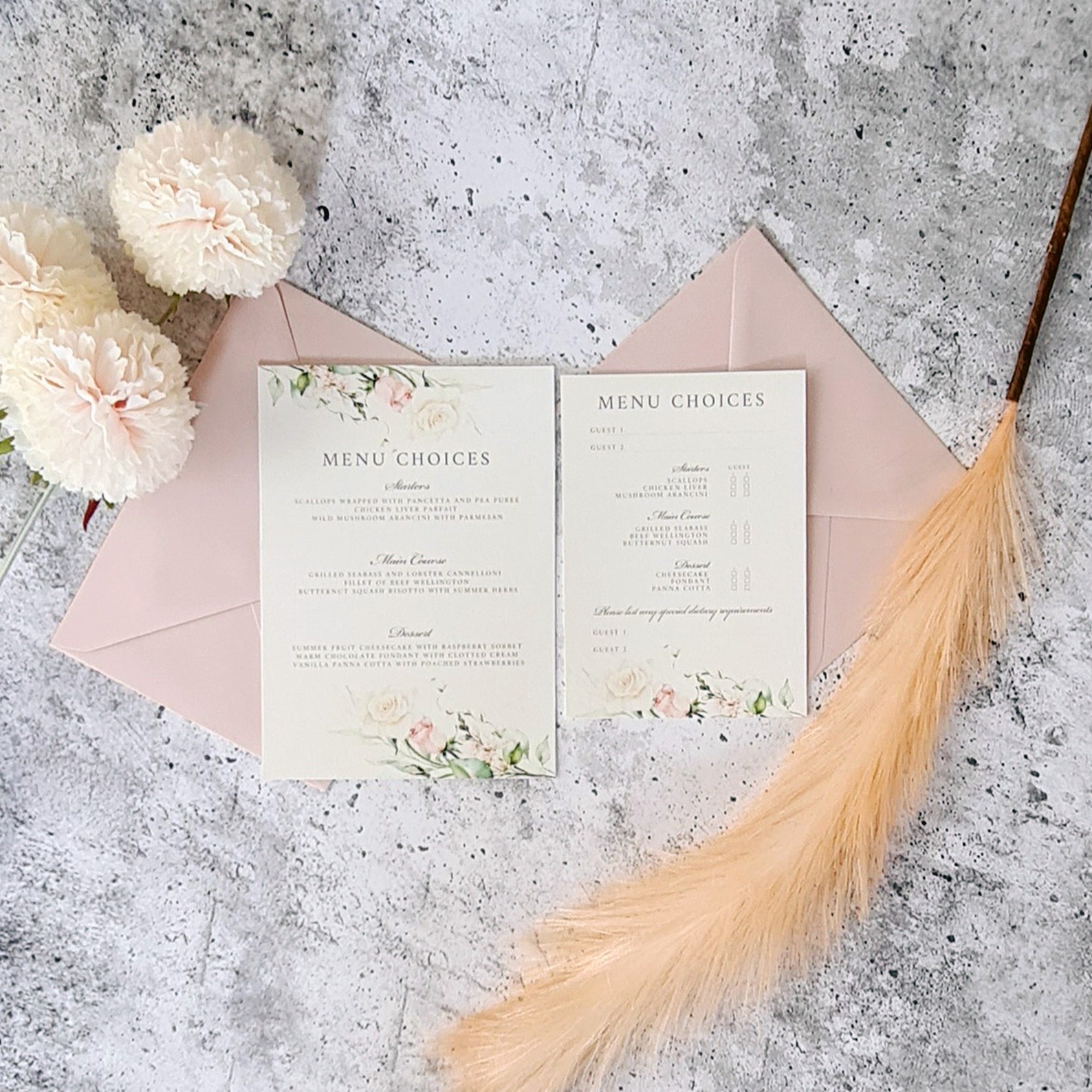 Wedding Menu Card and Menu Choice Card Blush Pink Rose | Etsy