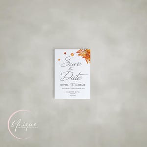 Convites rústicos para salvar a data com folhas de outono, cartões de casamento de outono, convites personalizáveis, design de folhas