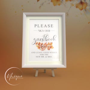 Panneau livre d'or, mariage, feuilles d'automne, carte, carton mousse, encadré