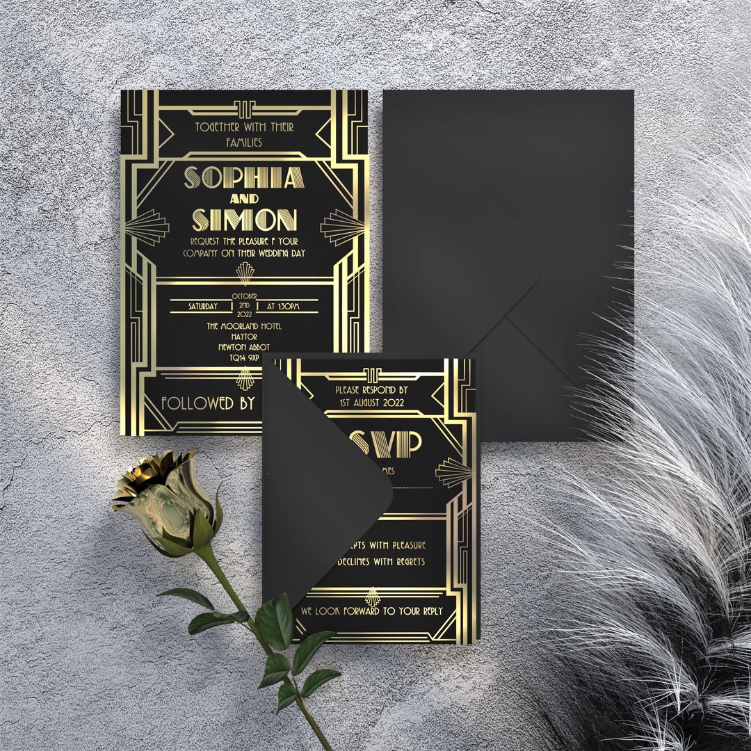 Art Deco Gatsby Wedding Invitations and RSVP Set Elegant Vintage