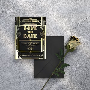 Save the Date Invites, Foiled, Gatsby, Art Deco