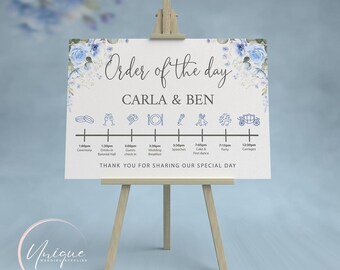 Ordre du jour, calendrier du mariage, rose bleue, A1 et A2