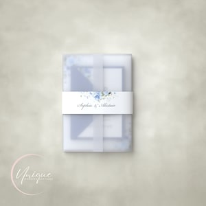 Wedding Invitations, Vellum jacket and personalised band, Blue Rose