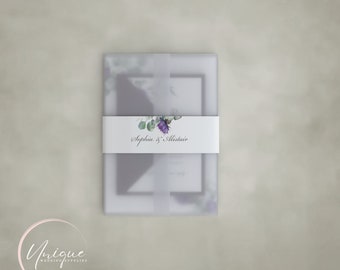 Thistle Wedding Invitation, Vellum jacket and personalised band, Eucalyptus