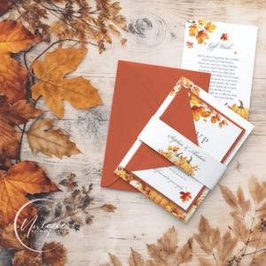 Hochzeitseinladungs-Set, Herbstblätter, Einladungen, Einladungskarte, Einladungskarten, Bauchband, Herbsthochzeit