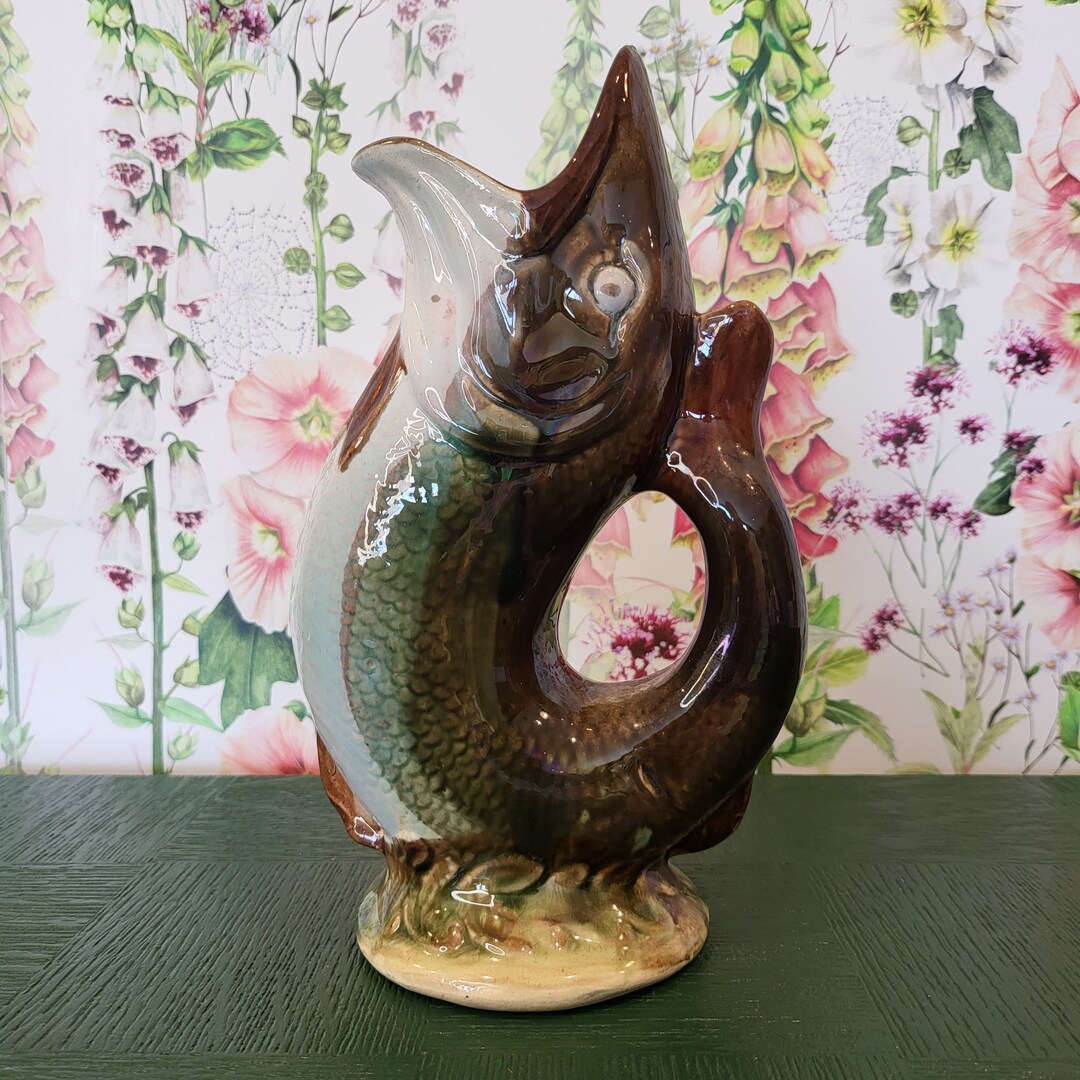 A Victorian Majolica Gluggle Gurgle Fish Glug Jug. Excellent Etsy