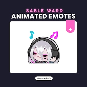 May include: An animated emote of a character with white hair wearing headphones, with musical notes. The text reads "SABLE WARD ANIMATED EMOTES". The Etsy shop name "etsy/eaglovic" is also included in the image.