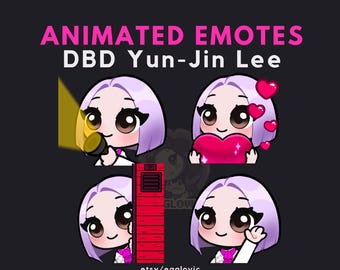 May include: Animated emotes featuring a purple-haired character with different expressions. The character is holding a flashlight, a heart, and a locker door. The text "ANIMATED EMOTES DBD Yun-Jin Lee" is at the top of the image.