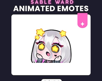 May include: An animated emote featuring a character with white hair, star-shaped eyes, and a surprised expression. The emote is surrounded by yellow stars and the text "SABLE WARD ANIMATED EMOTES". The Etsy shop name "etsy/eaglovic" is also included.
