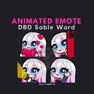 May include: Animated emote set featuring a character with white hair, blue eyes, and pink accents. The emotes include the character holding a heart, peeking from behind a wall, holding a flashlight, and waving. Text reads "ANIMATED EMOTE DBD Sable Ward."