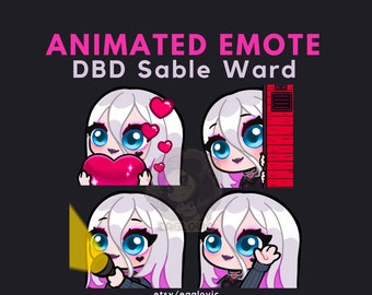 May include: Animated emote set featuring a character with white hair, blue eyes, and pink accents. The emotes include the character holding a heart, peeking from behind a wall, holding a flashlight, and waving. Text reads "ANIMATED EMOTE DBD Sable Ward."