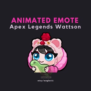 以下が含まれることがあります： Apex Legends Wattsonのアニメーション絵文字。キャラクターは大きな青い目を持ち、ピンクのクマをテーマにしたパーカーを着て、緑の恐竜のぬいぐるみを持っています。「ANIMATED EMOTE Apex Legends Wattson」というテキストが上部に表示されています。
