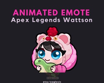 May include: An animated emote featuring a character from Apex Legends Wattson. The character is depicted with large blue eyes, wearing a pink bear-themed hoodie and holding a green dinosaur plush. The text "ANIMATED EMOTE Apex Legends Wattson" is displayed at the top.