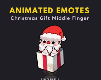 May include: Animated emote featuring Santa Claus popping out of a gift box, giving the middle finger. The box has red and white stripes. Text above reads "ANIMATED EMOTES" and "Christmas Gift Middle Finger".