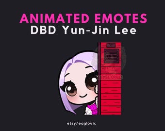 May include: Animated emote graphic featuring a cartoon character with lavender hair and large eyes, peeking from behind a red wall. Text at the top reads "ANIMATED EMOTES DBD Yun-Jin Lee." The Etsy shop URL is visible at the bottom.