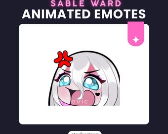 Op de afbeelding: Geanimeerde emote met een wit-harige anime-personage met een rood boos symbool. Het personage heeft blauwe ogen, roze blos en een klein zwart hart. De tekst "Sable Ward Animated Emotes" staat bovenaan.