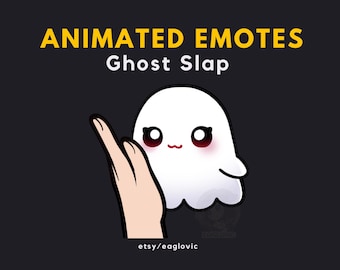 May include: Animated emote graphic featuring a white ghost being slapped by a hand. The ghost has large, dark eyes and a small smile. Text reads "ANIMATED EMOTES Ghost Slap" in yellow and white. The Etsy shop name "etsy/eaglovic" is also present.