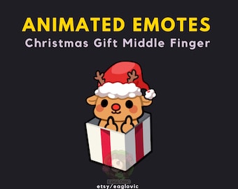 May include: Animated Christmas emote of a reindeer wearing a Santa hat, giving the middle finger, inside a red and white striped gift box.