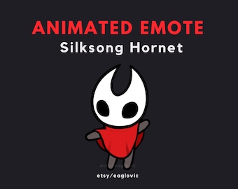 Puede incluir: Emoticono animado con el personaje Silksong Hornet. El personaje tiene una cabeza blanca con dos cuernos, una capa roja y piernas grises. El texto "ANIMATED EMOTE Silksong Hornet" está en la parte superior.