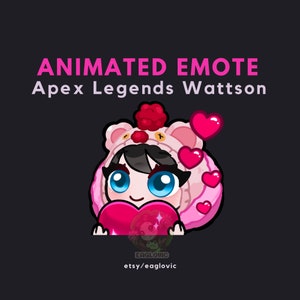 Puede incluir: Emoticono animado de Wattson de Apex Legends. Lleva una sudadera rosa de oso con un coraz&oacute;n rojo en la cabeza y sostiene un gran coraz&oacute;n rosa frente a ella. Hay varios corazones rosas m&aacute;s peque&ntilde;os flotando a su alrededor.