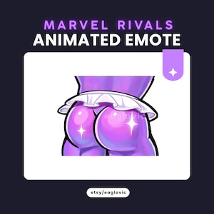 May include: Animated emote featuring a purple figure with a frilly white trim. The text "MARVEL RIVALS ANIMATED EMOTE" is at the top. The Etsy shop name "etsy/eaglovic" is at the bottom.