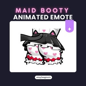 Puede incluir: Emote animado con un atuendo de doncella de dibujos animados. Incluye una falda negra, bragas blancas con corazones rosas y ribetes rojos. El texto "MAID BOOTY ANIMATED EMOTE" está en rosa y blanco. También es visible el nombre de la tienda de Etsy "etsy/eaglovic".