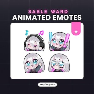 Può includere: Quattro emote animate con un personaggio con capelli bianchi e occhi blu. Le emote mostrano il personaggio con le cuffie, che tiene bastoncini luminosi, che saluta e che piange. Il testo in alto recita "Sable Ward Animated Emotes."