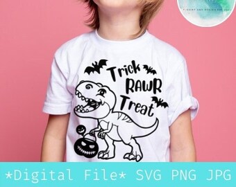 Trick rawr godis svg, dinosaurie halloween svg, T-rex med pumpa svg, rolig halloween svg, digital fil png jpg svg för barn t-shirt, Cricut-fil