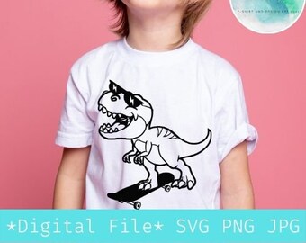 Dino na deskorolce SVG, T-rex na deskorolce z okularami przeciwsłonecznymi, Dinozaur SVG, Fajny dinozaur, Plik cyfrowy png jpg na koszulkę dla dzieci, plik do cięcia Cricut