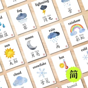 Cartes météo, bilingues chinois simplifié pinyin mandarin, cartes climatiques imprimables pour l'école maternelle, préscolaire, enfants